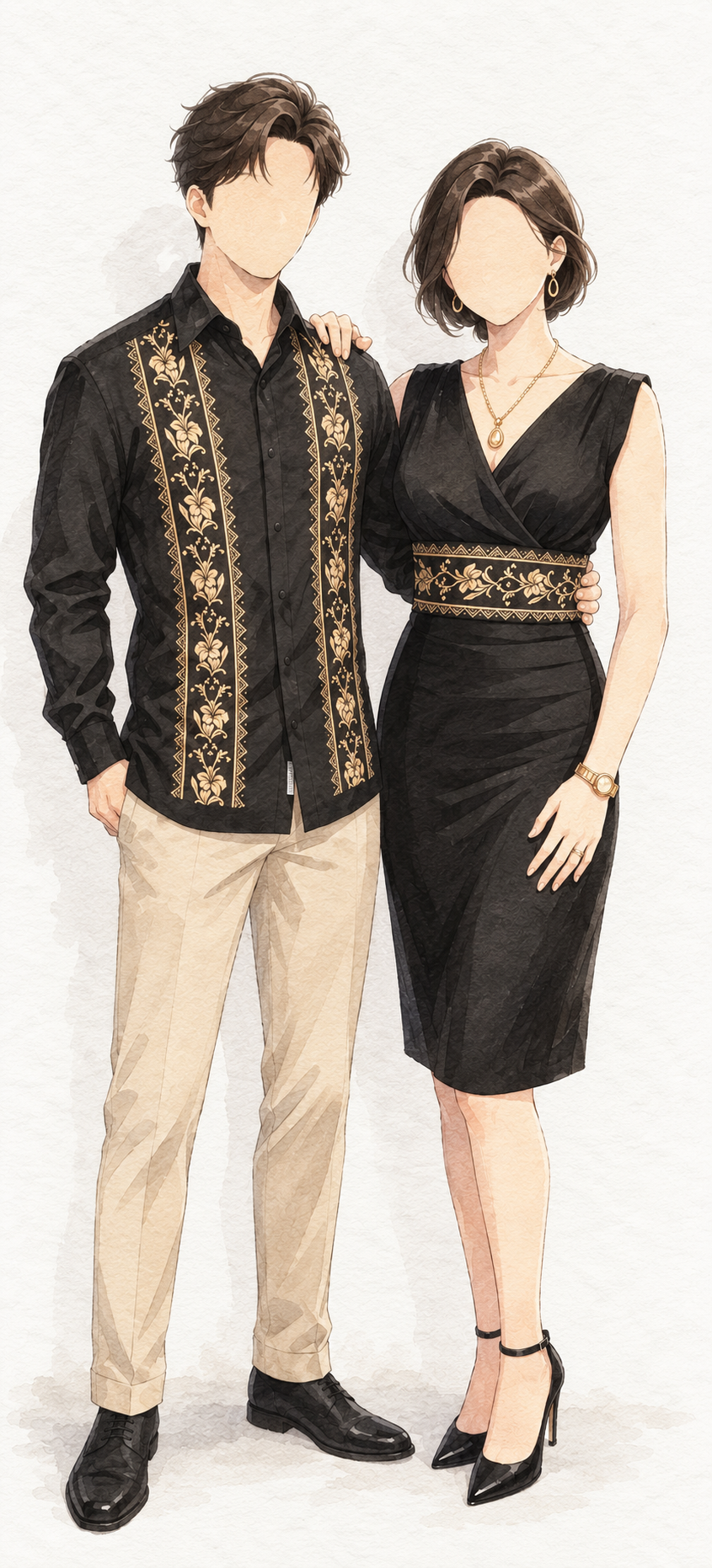 Referencia de vestido bordado y guayabera